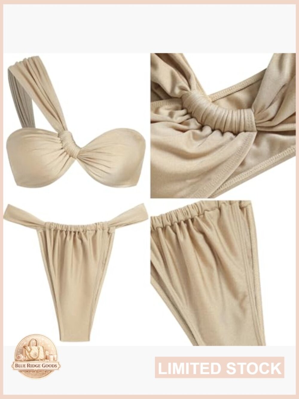One Shoulder Bikini Twist Front Ruched High Cut Bandeau Set Two Piece Swimsuit - Picture 5 of 7